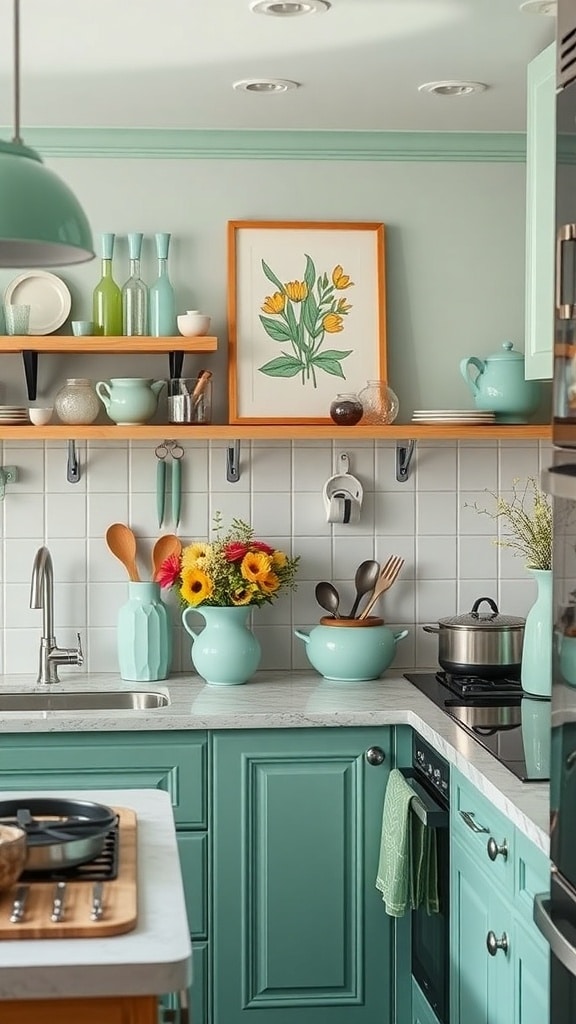 A mint-colored kitchen with open shelves displaying glassware and a bouquet of flowers.