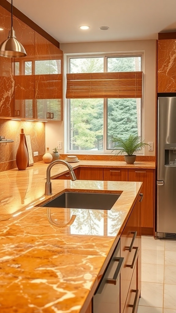 A kitchen featuring warm caramel countertops, dark cabinetry, and natural light from a window.