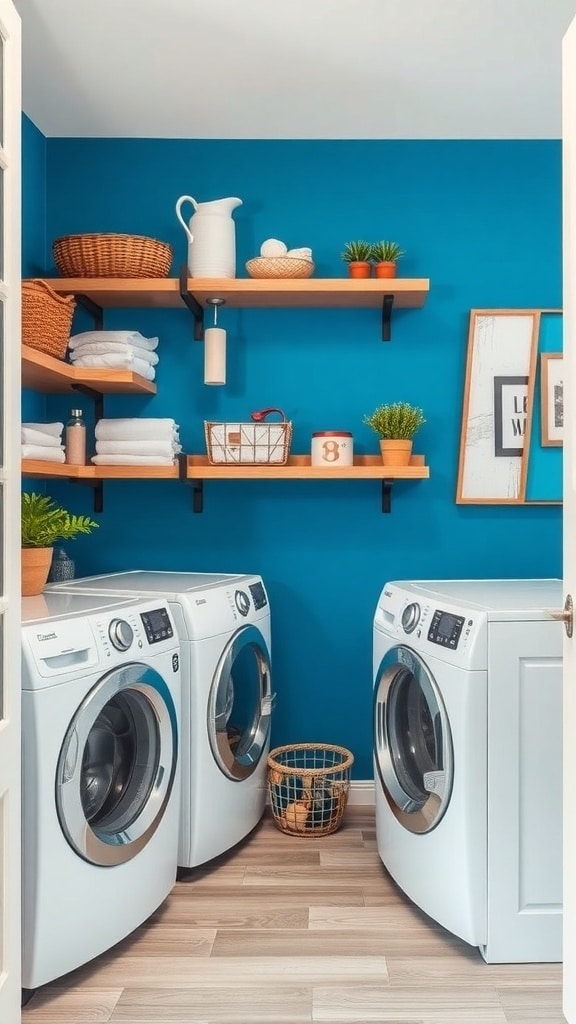 Laundry room featuring a blue accent wall with white appliances and wooden shelves.