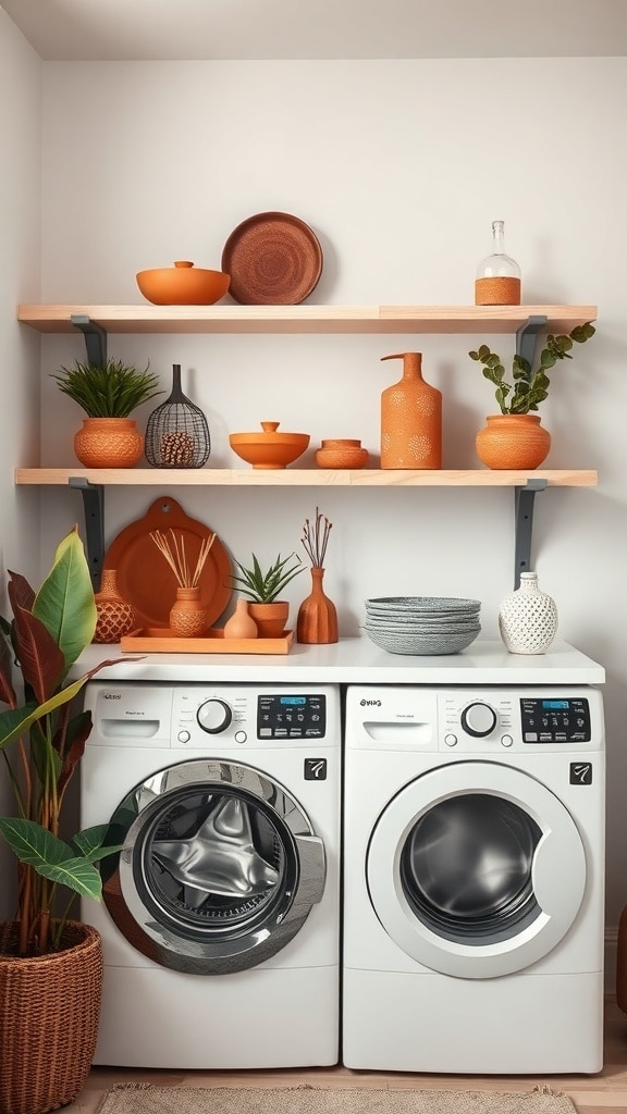 Laundry room with open shelving displaying warm burnt sienna decor and plants.