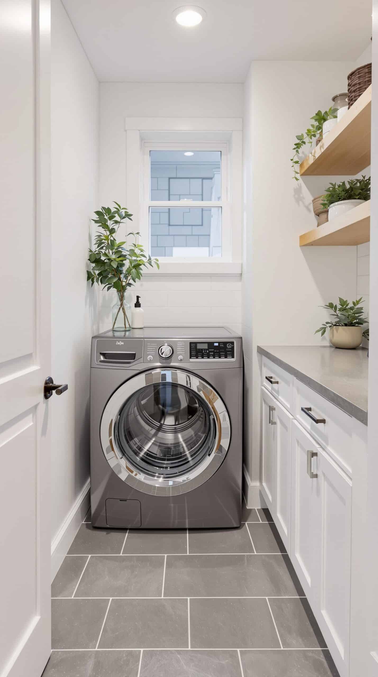 Compact laundry room with gray tile flooring, modern washer, white cabinetry, and potted plants.
