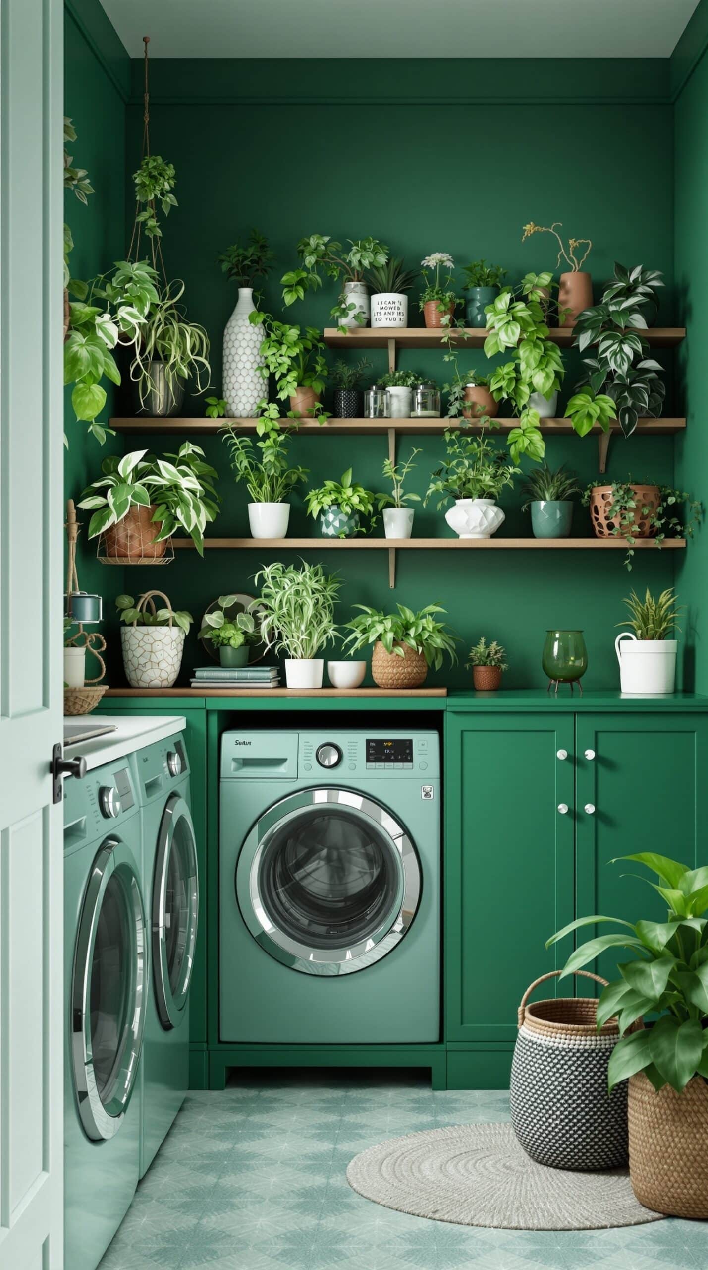 A stylish laundry room with emerald green walls and shelves filled with various plants in decorative pots.