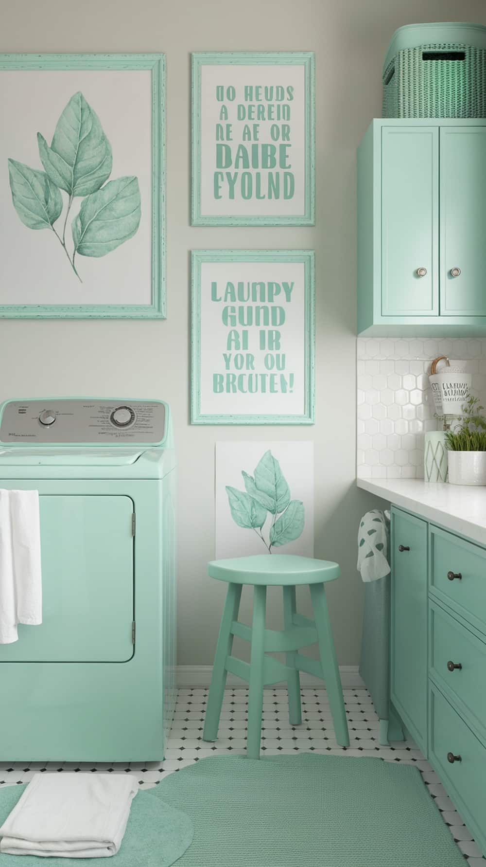 A mint green laundry room featuring framed wall art with leaf designs and playful text.