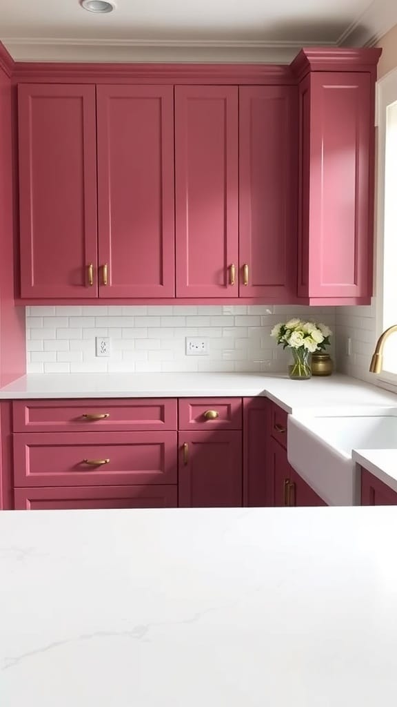 A kitchen featuring dark pink cabinets with gold hardware and a white countertop.