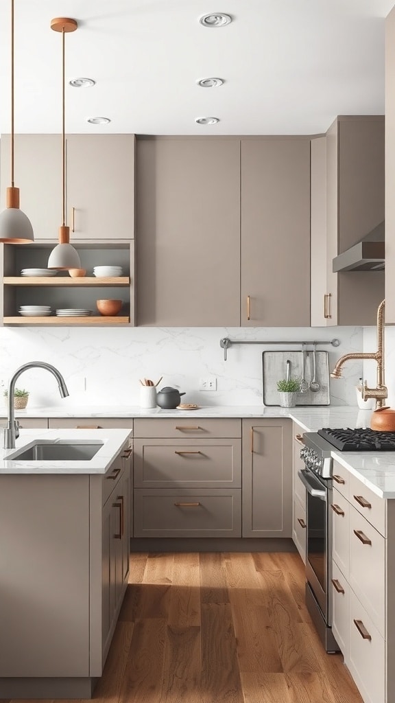 A modern kitchen featuring taupe cabinets, white countertops, and wooden flooring.