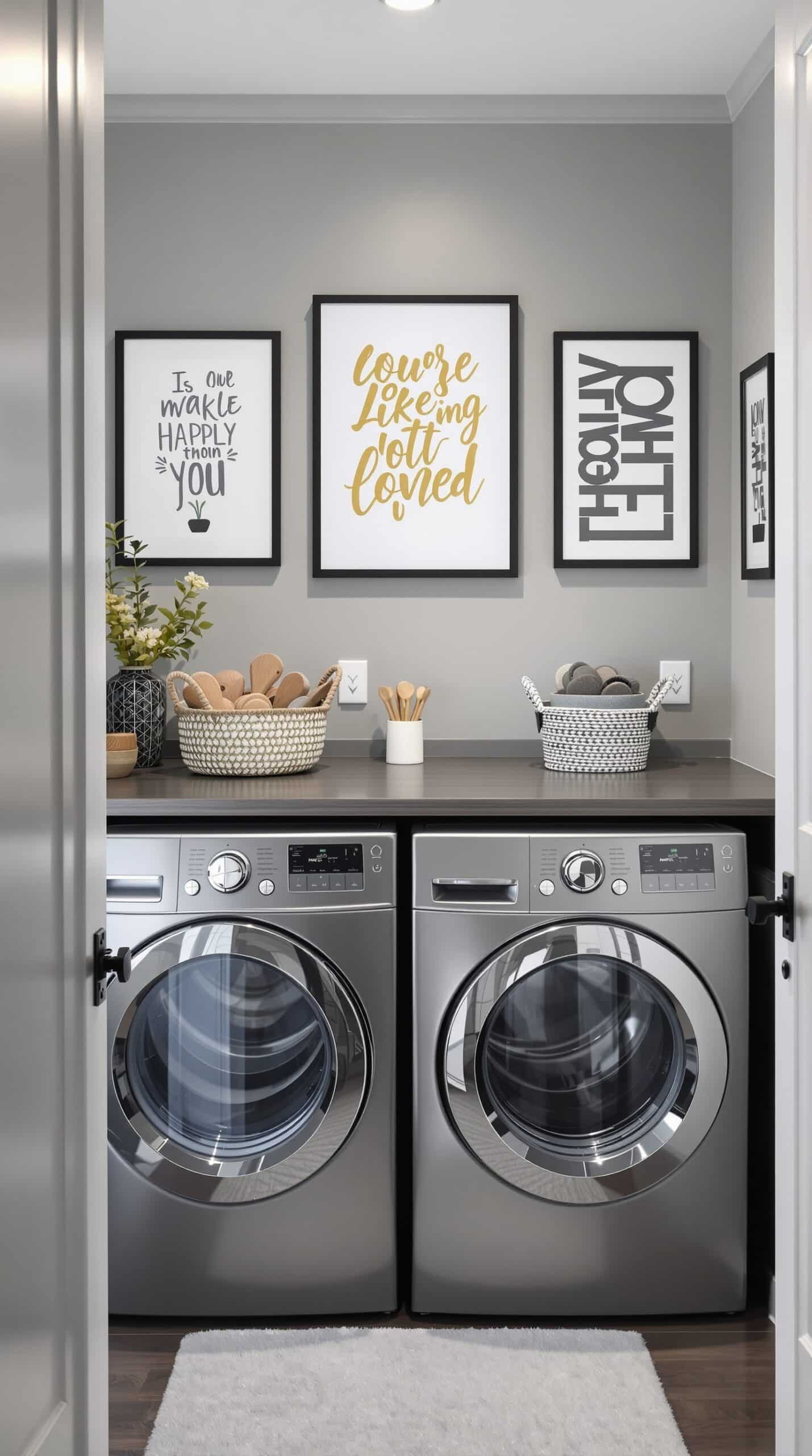 A stylish gray laundry room featuring framed art on the walls, modern washing machines, and decorative baskets.