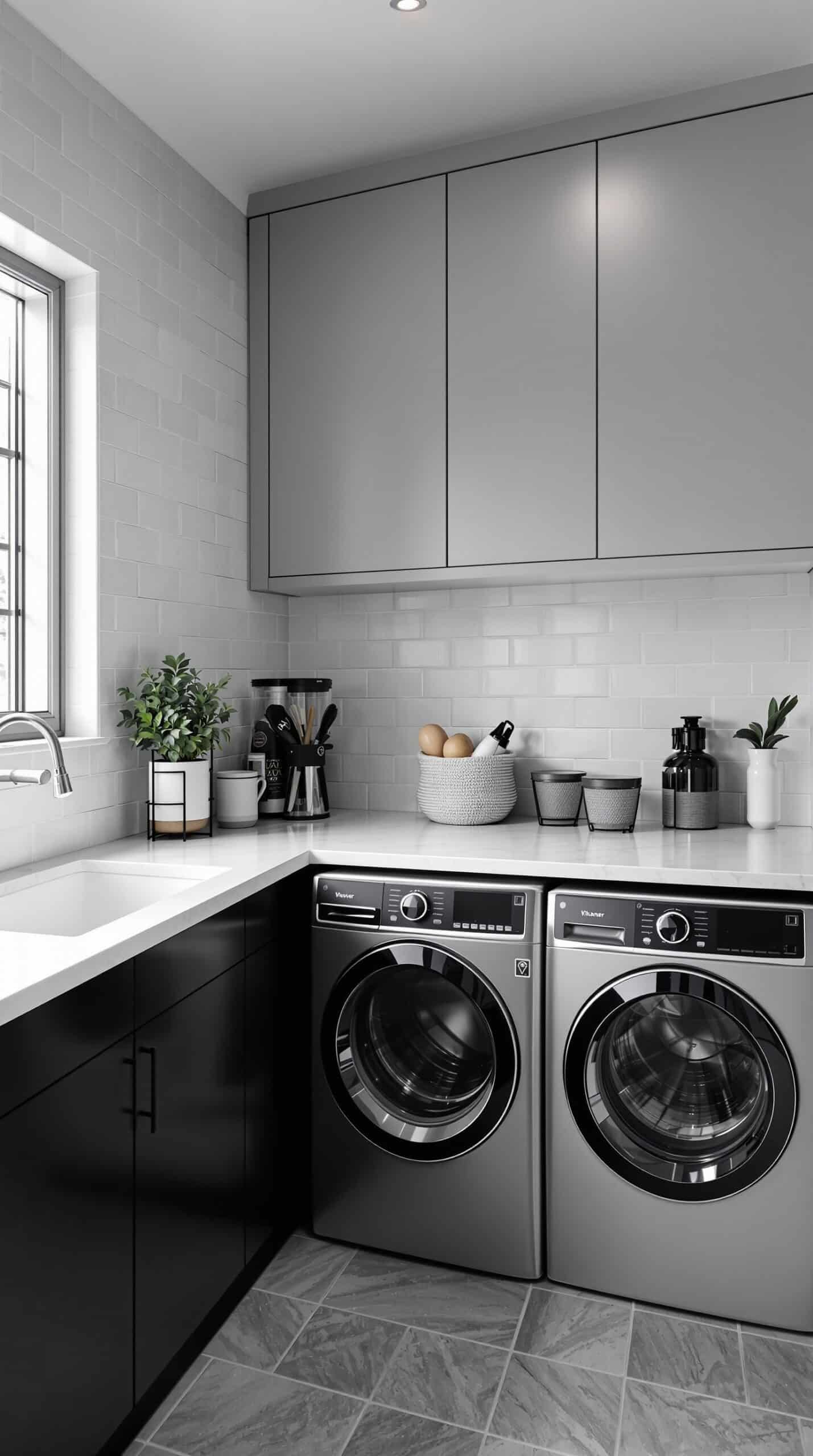 A modern laundry room featuring a monochromatic color scheme with gray and black tones.