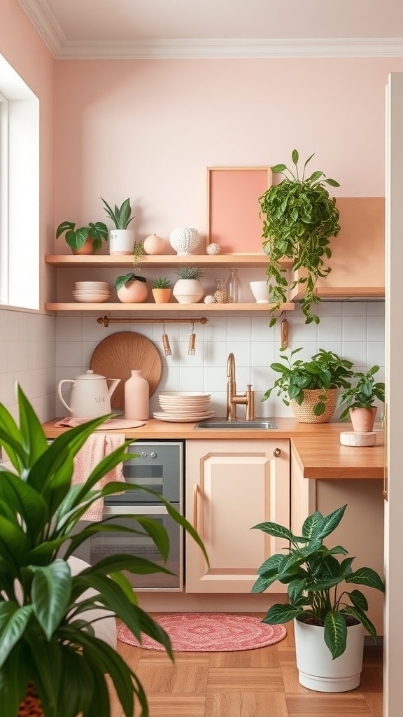 Cozy kitchen with blush pink accents and plants