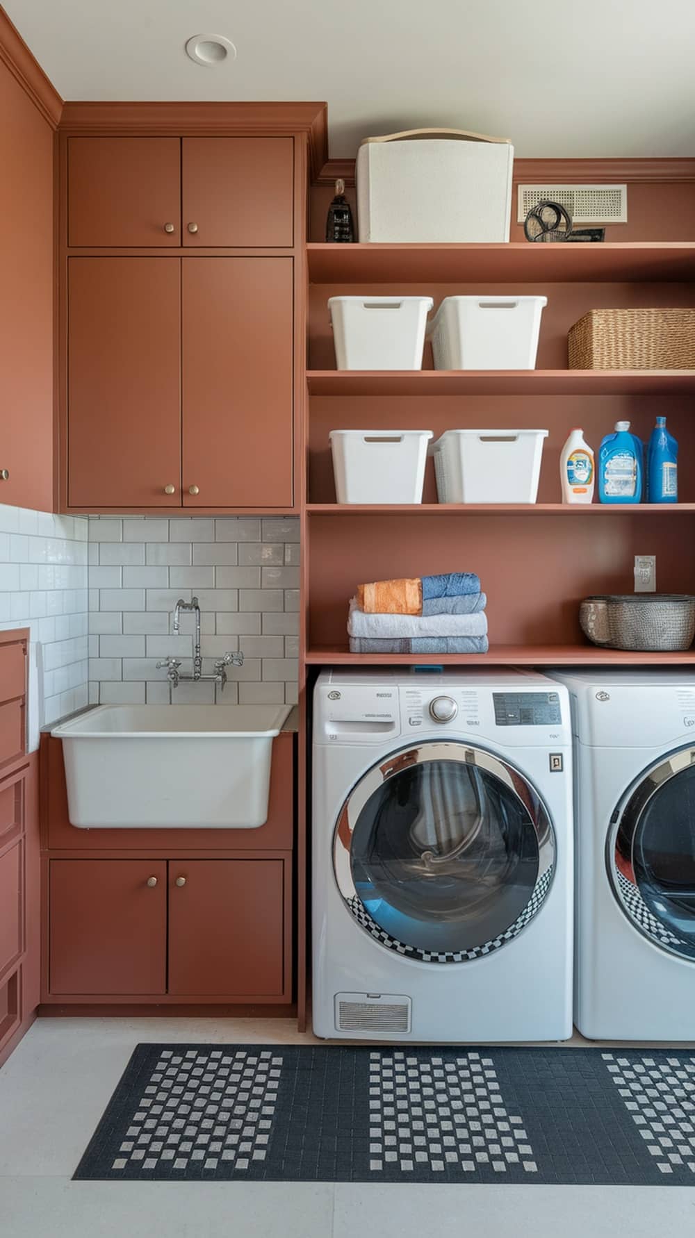 A stylish laundry room featuring terracotta cabinets, a white sink, and organized shelves.