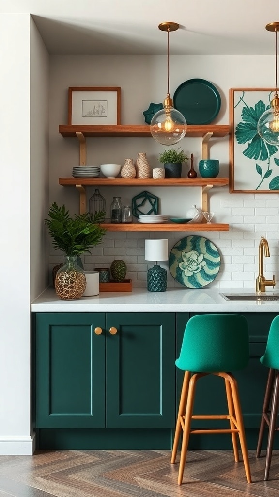 A cozy emerald green kitchen corner with wooden shelves, decorative items, and stylish lighting.