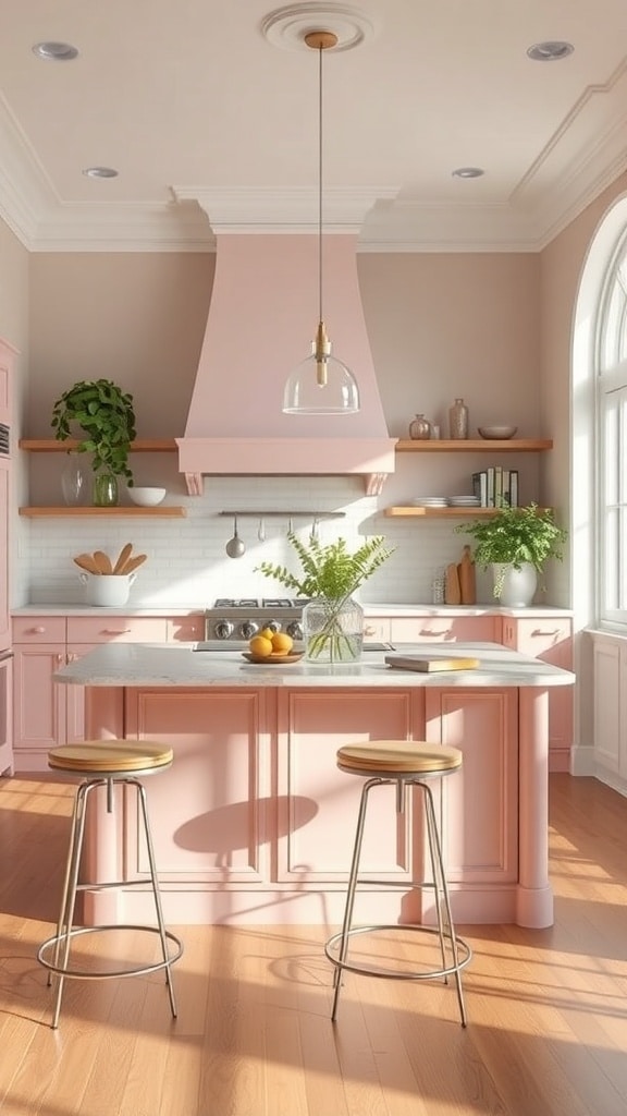 A cozy blush pink kitchen island with a marble countertop, bar stools, and plants, illuminated by natural light.