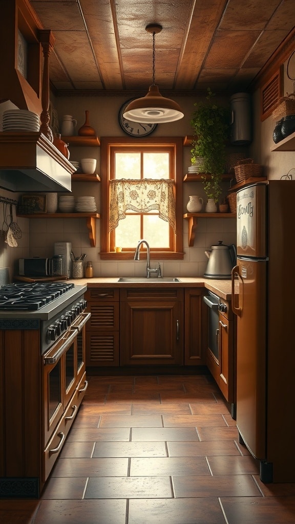 A rustic kitchen featuring antique-style appliances, wooden cabinets, and a warm atmosphere.