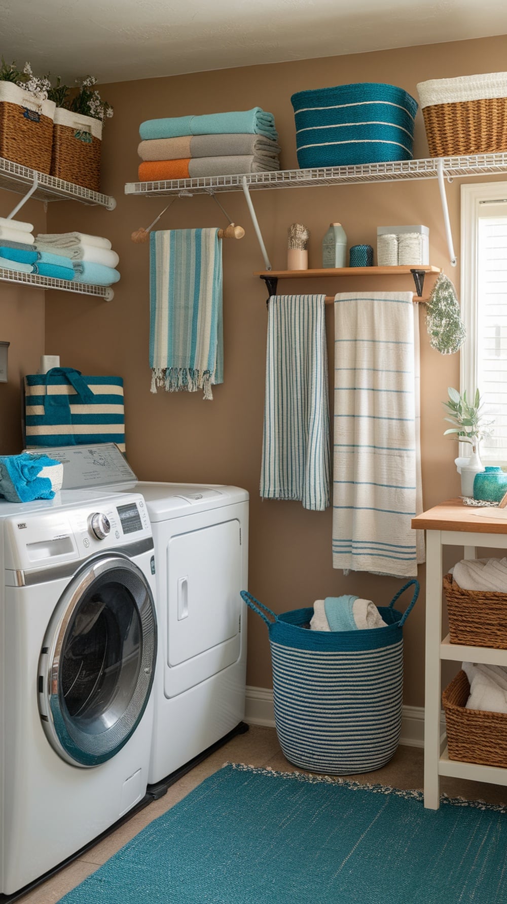 A stylish laundry room featuring peacock blue accessories, textured fabrics, and organized storage.