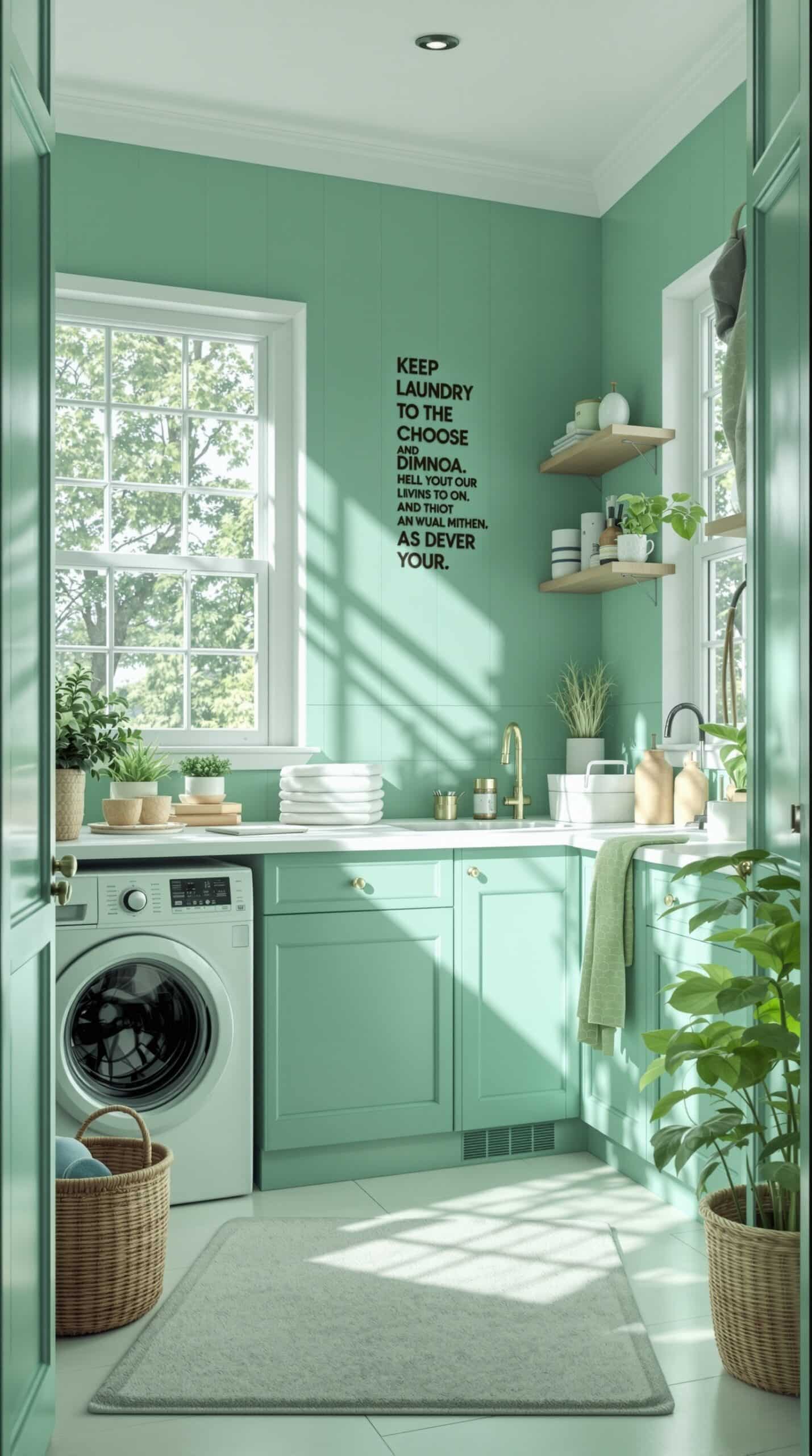 Bright emerald green laundry room with large windows, plants, and modern appliances