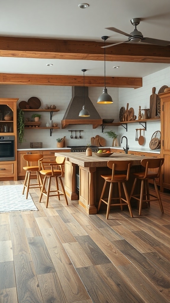A rustic kitchen featuring a wooden kitchen island with bar stools, warm wooden cabinetry, and pendant lighting.