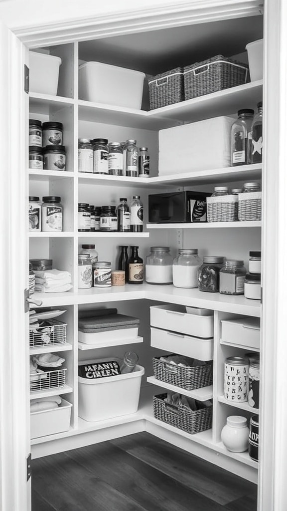 A black and white organized pantry with shelves filled with jars, containers, and baskets.