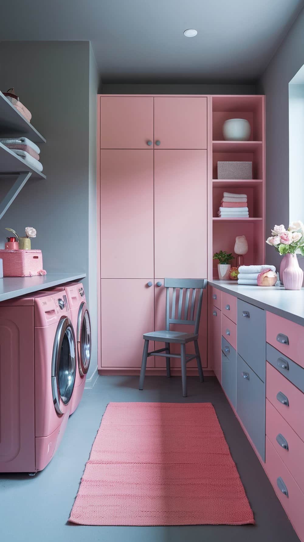 A stylish laundry room featuring soft pink cabinetry and appliances paired with gray walls and accents.