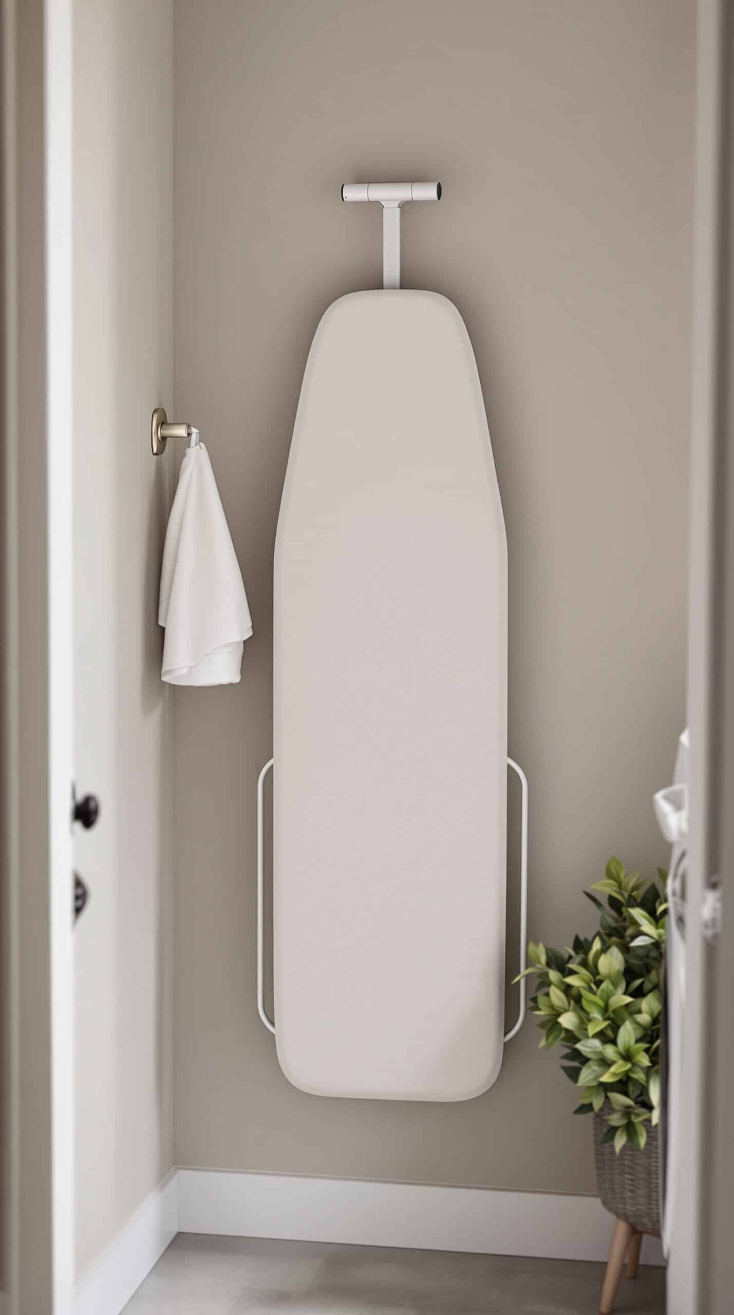 A wall-mounted ironing board in a minimalist greige laundry room