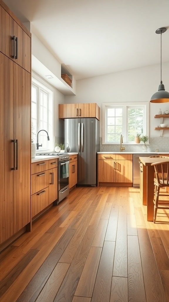 A kitchen featuring bamboo flooring with wooden cabinets and natural light.