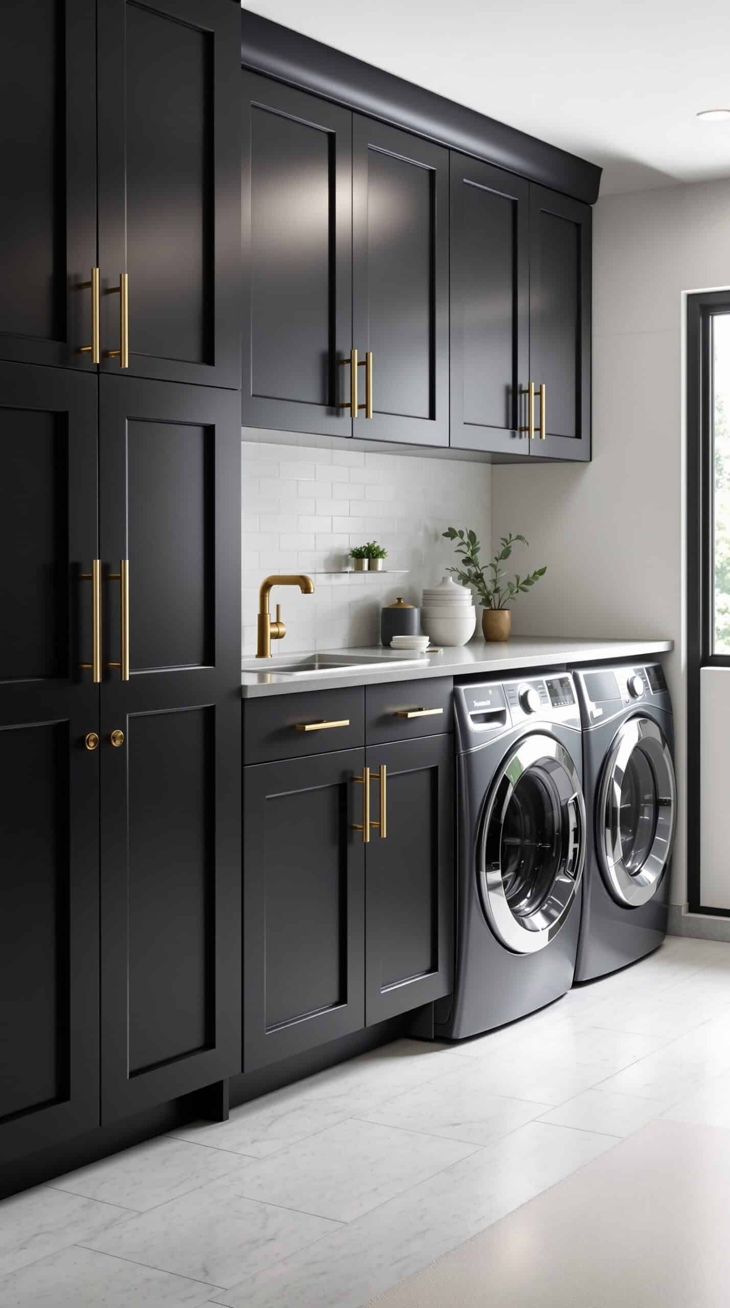 A modern laundry room featuring sleek black cabinets with brass accents and stylish appliances.