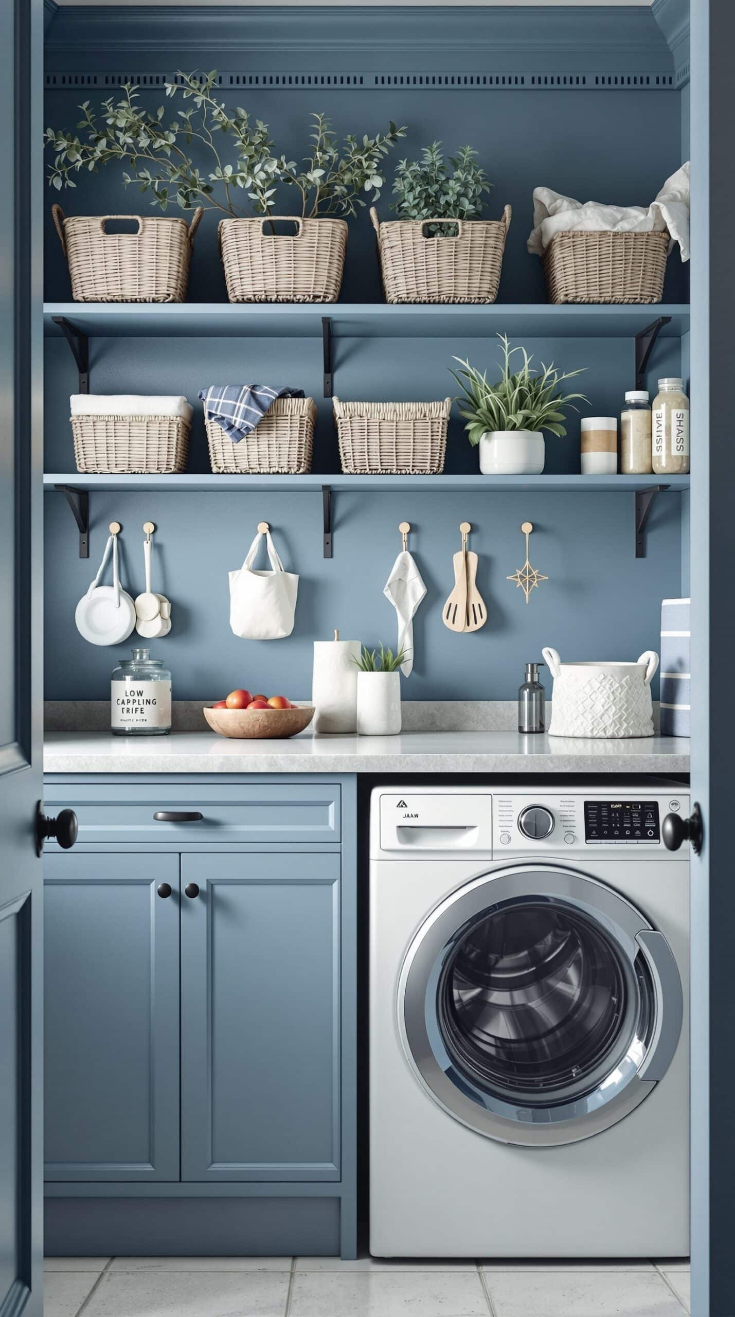 A stylish dusty blue laundry room featuring woven baskets on shelves, plants, and organized storage.