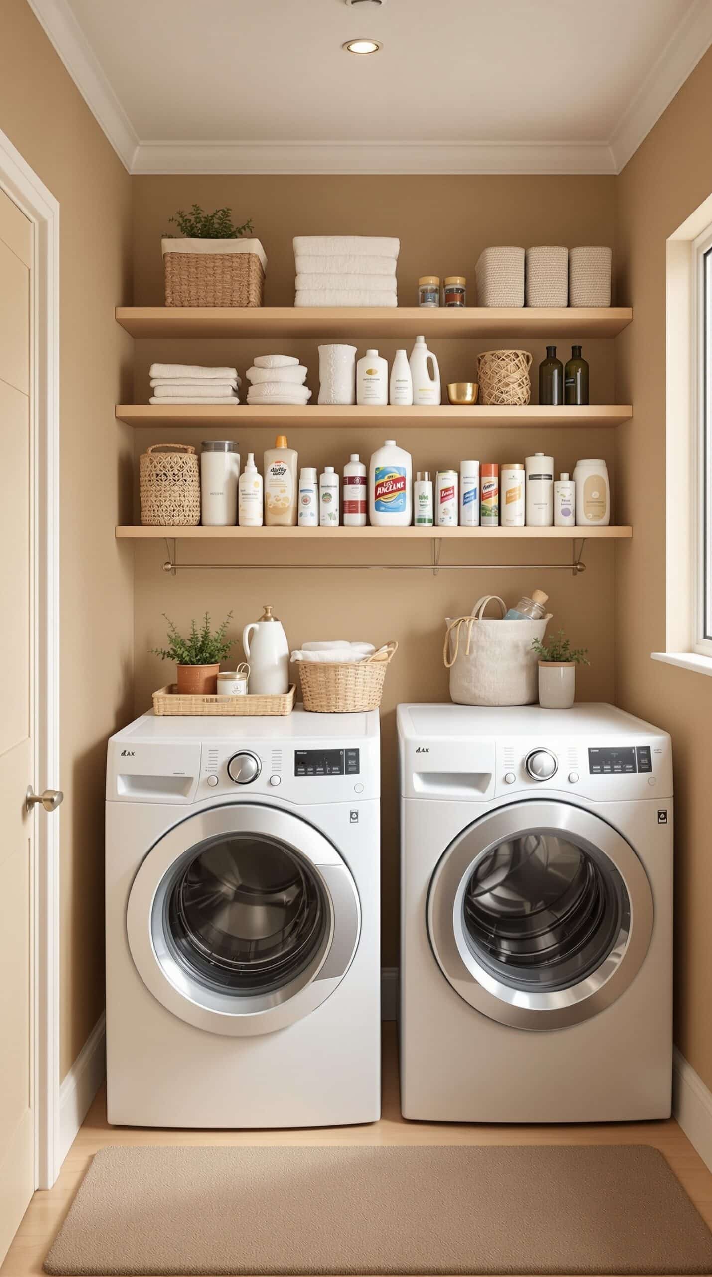 A cozy laundry room with warm beige accent walls, featuring white appliances and neatly arranged shelves.