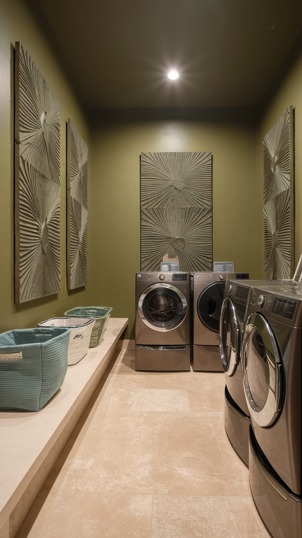 Laundry room with olive green walls and textured wall art