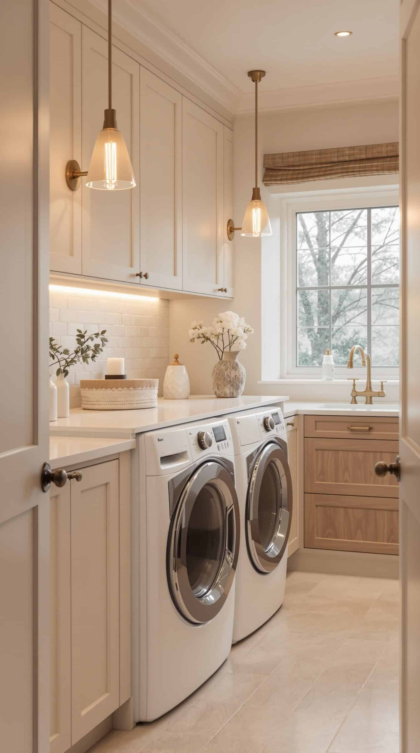 A cozy beige laundry room featuring elegant pendant lighting fixtures above the washer and dryer.