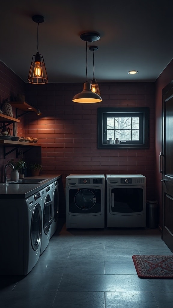 A moody burgundy laundry room with stylish lighting fixtures