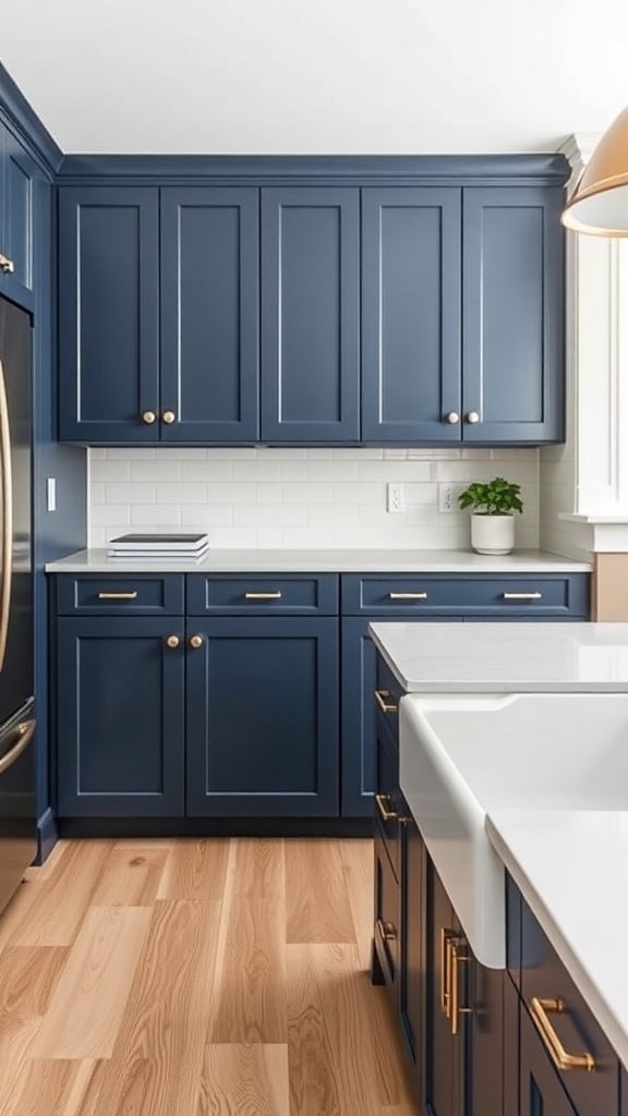 A modern kitchen featuring navy blue cabinets with gold hardware, white countertops, and a light wood floor.