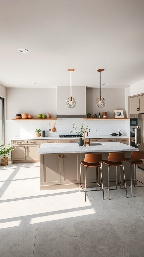 A modern taupe kitchen island with a sleek countertop, stylish bar stools, and pendant lighting.