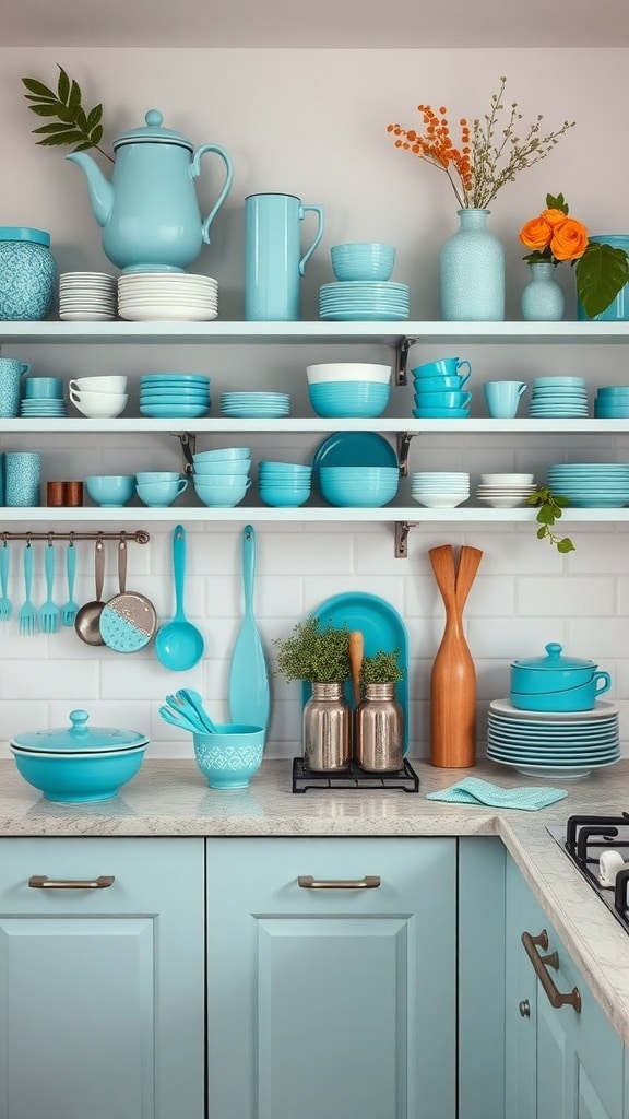 A kitchen shelf filled with turquoise accessories including teapots, bowls, and utensils.