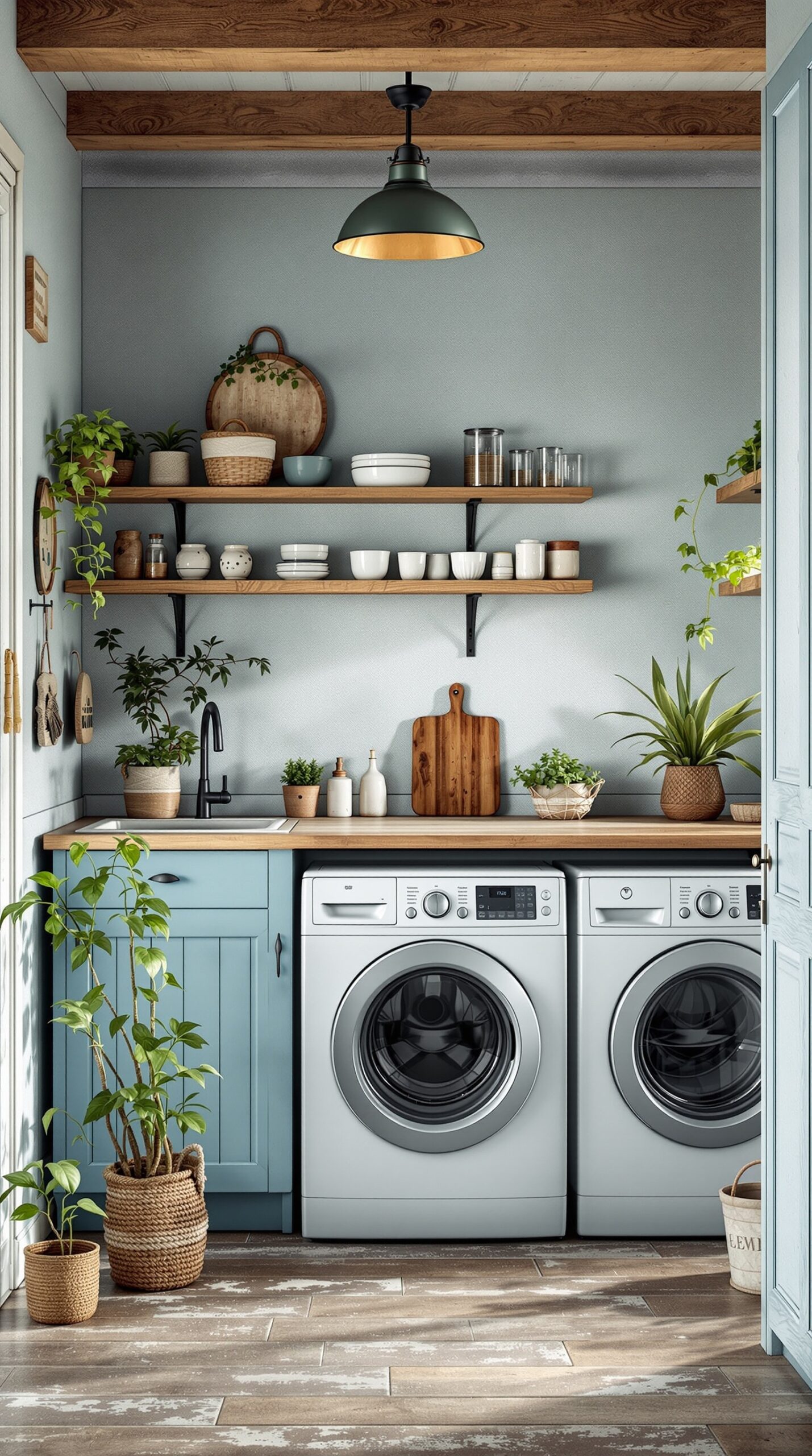 A cozy farmhouse laundry room featuring dusty blue cabinetry, wooden shelves, and plants.