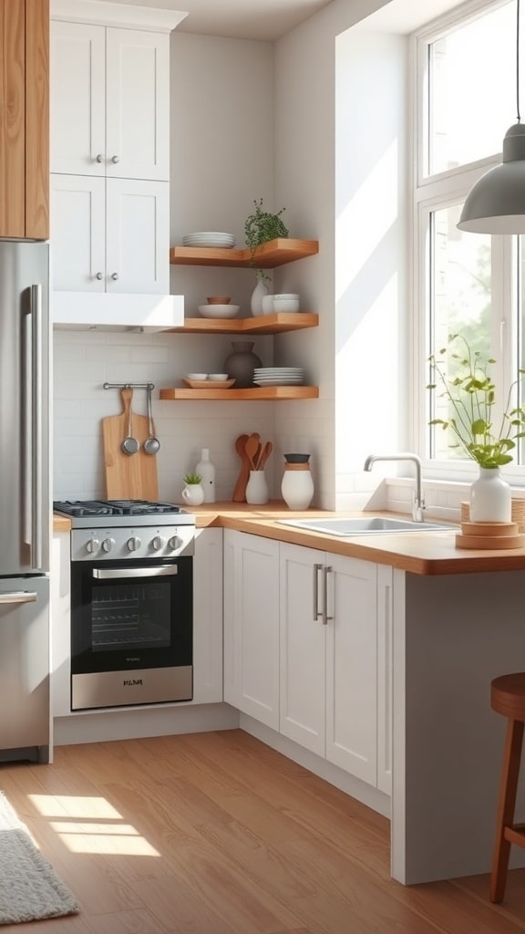 A bright kitchen with soft white cabinets and natural wood accents, featuring open shelves and a modern stove.