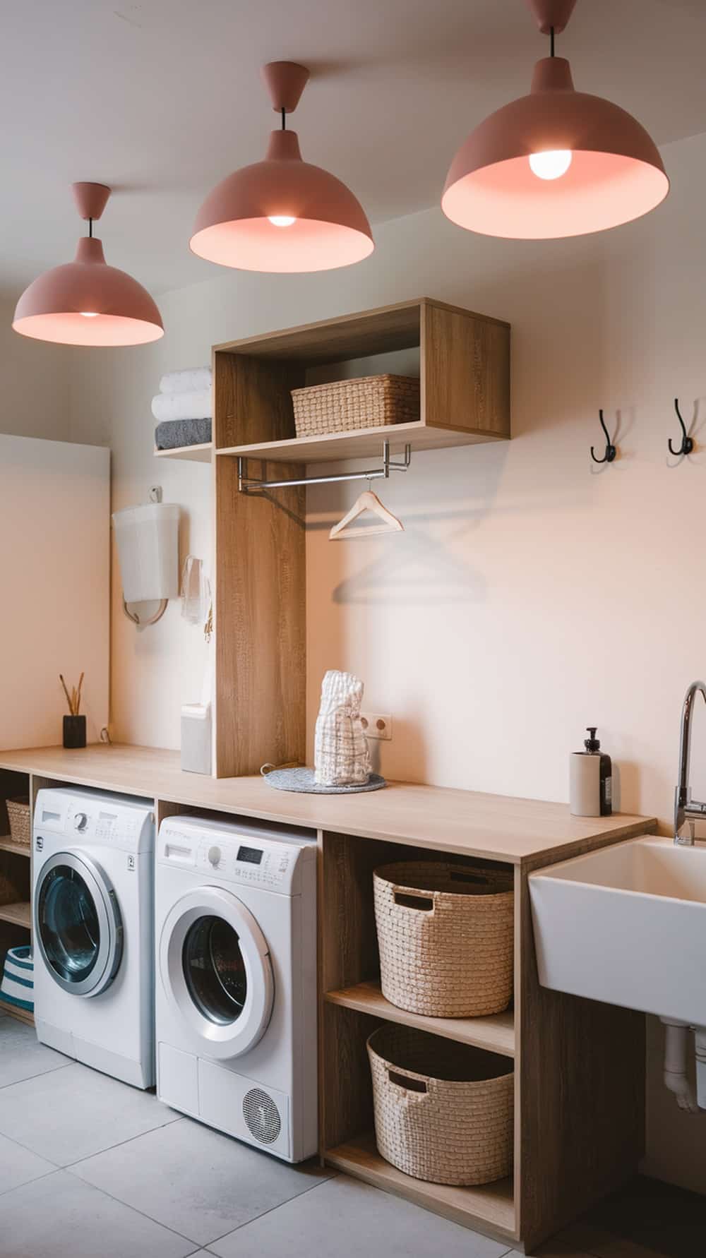 Laundry room with soft pink lighting fixtures and wooden shelves
