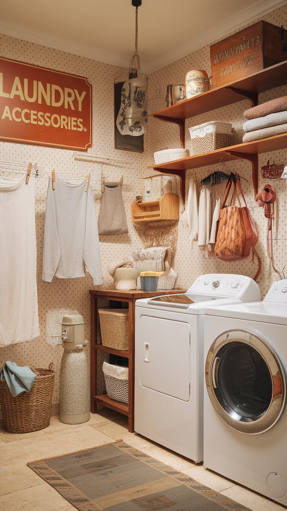 A vintage laundry sign that reads 'Laundry Accessories' in a cozy laundry room setting.