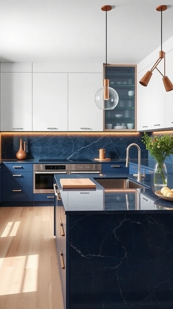 A modern kitchen featuring deep blue countertops, white cabinetry, and warm wood accents.