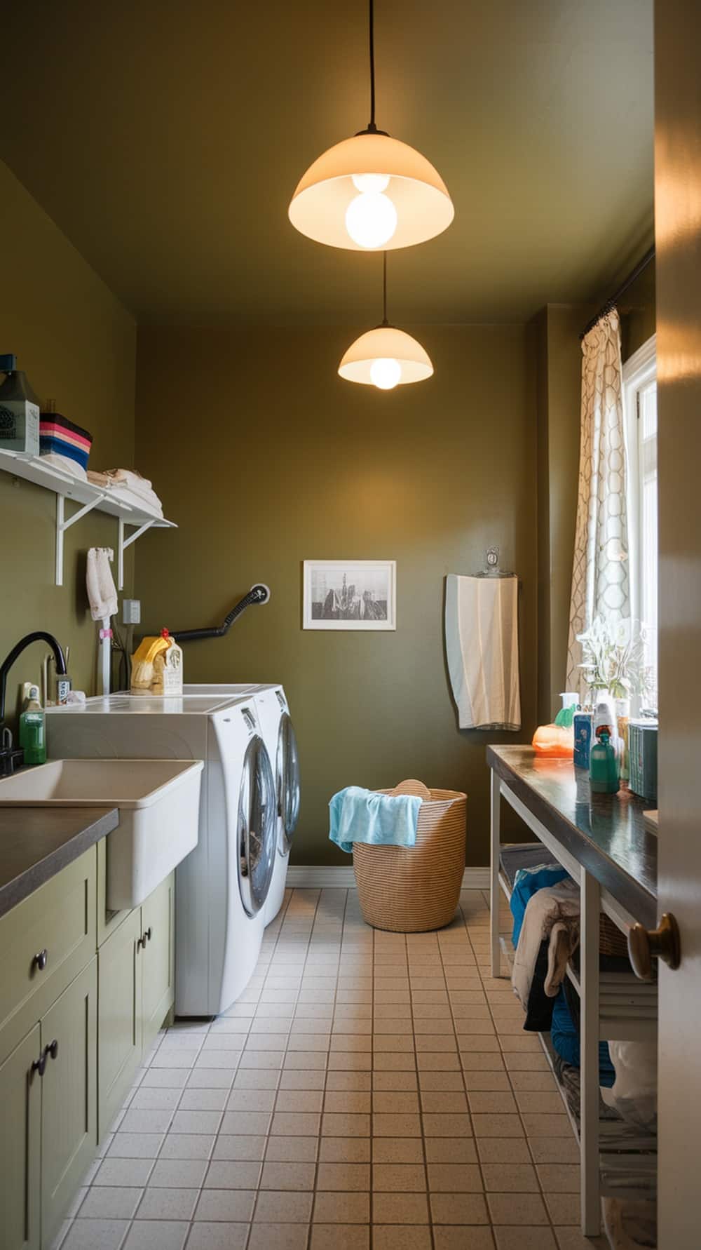 A bright laundry room with olive green walls and stylish pendant lighting.