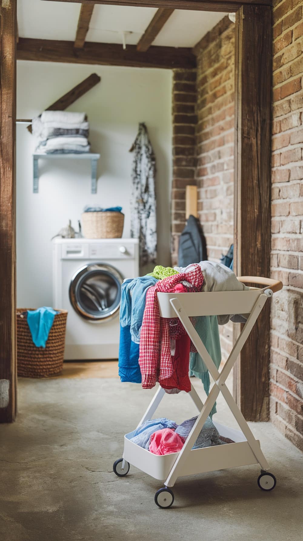 A stylish white laundry cart filled with colorful clothes in a clean laundry room.