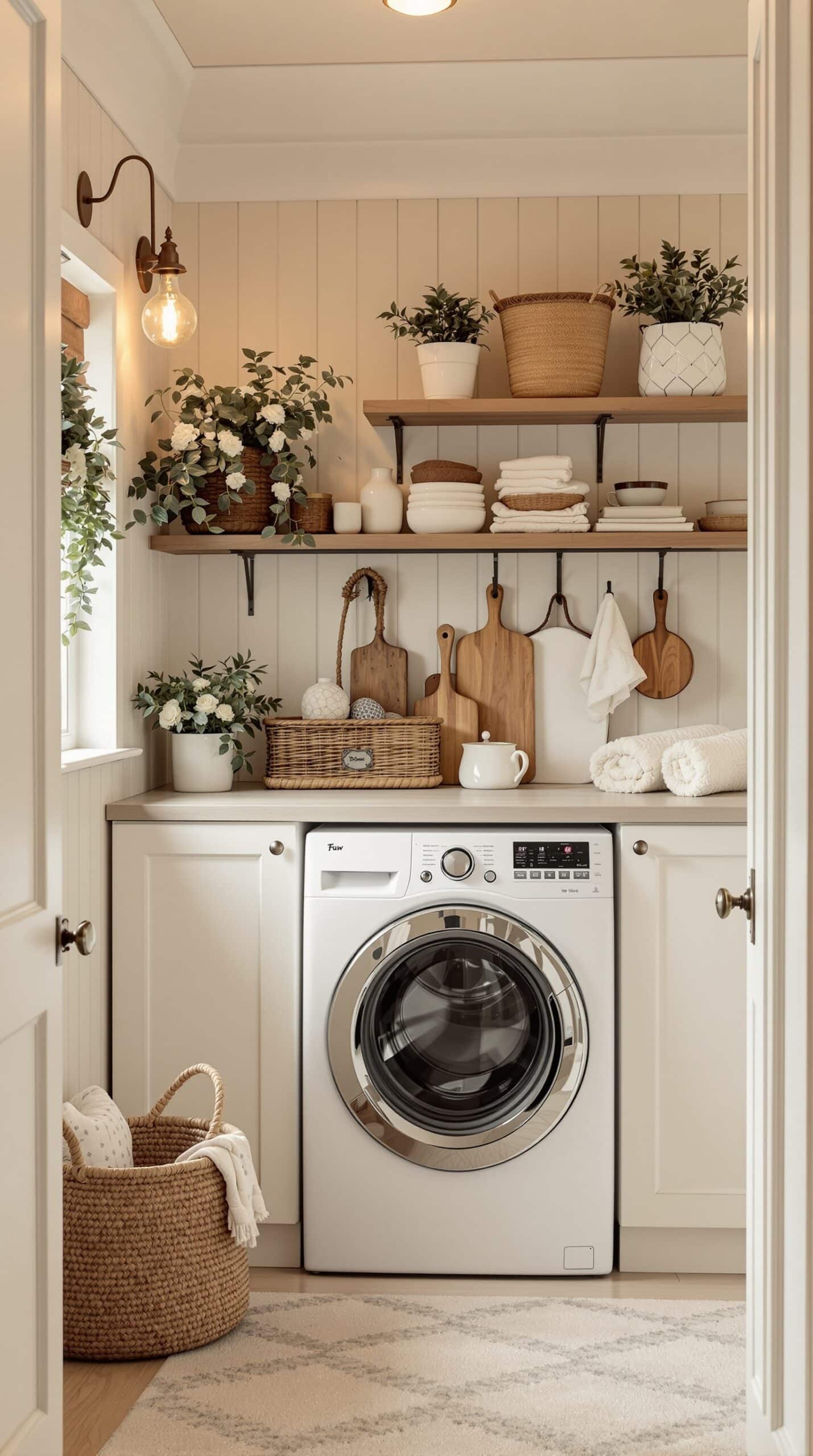 Cozy cottage laundry room with neutral tones, plants, and organized shelves.