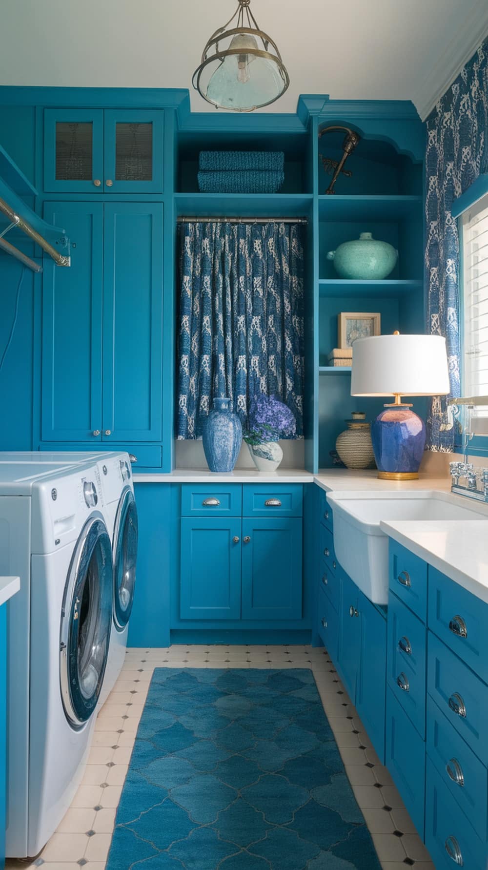 A stylish peacock blue laundry room featuring blue cabinetry, decorative vases, patterned curtains, and a cozy rug.
