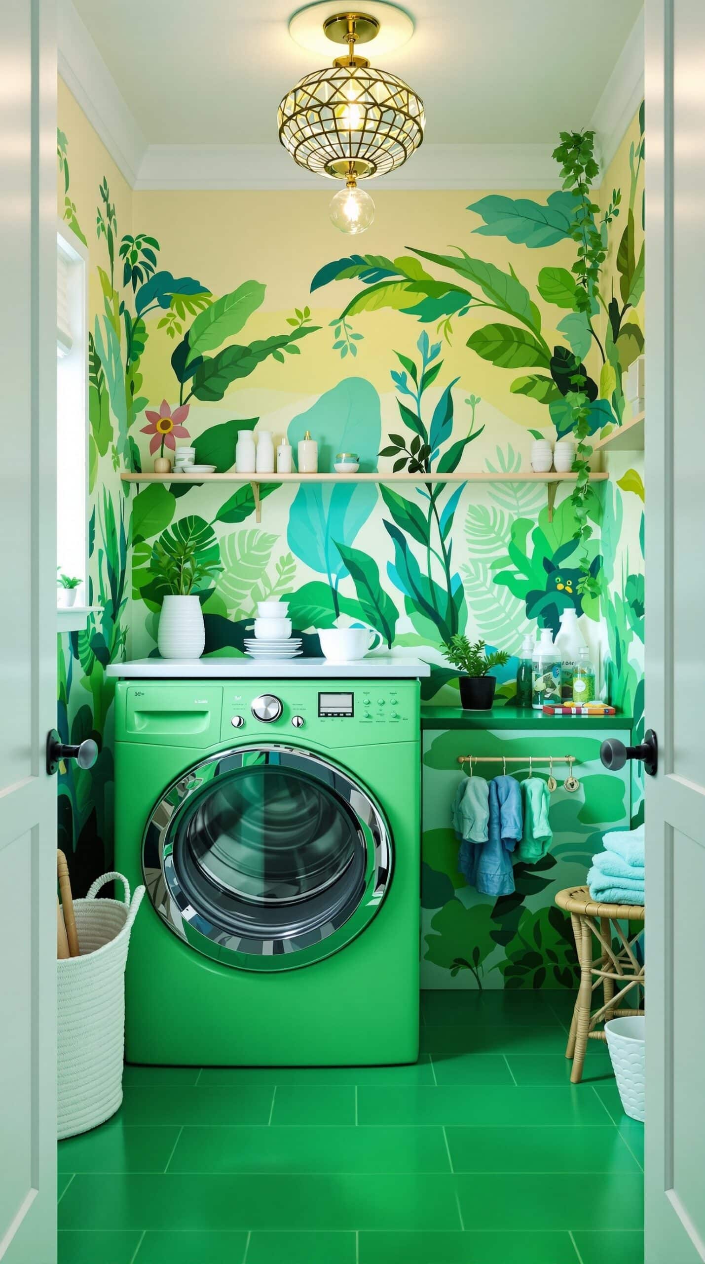 A vibrant laundry room with an artistic wall mural featuring lush green leaves and flowers, complemented by a bright green washing machine.