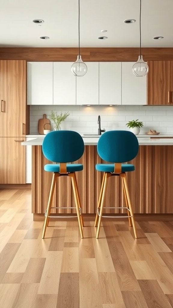 Two peacock blue counter stools at a kitchen island with wooden cabinetry.