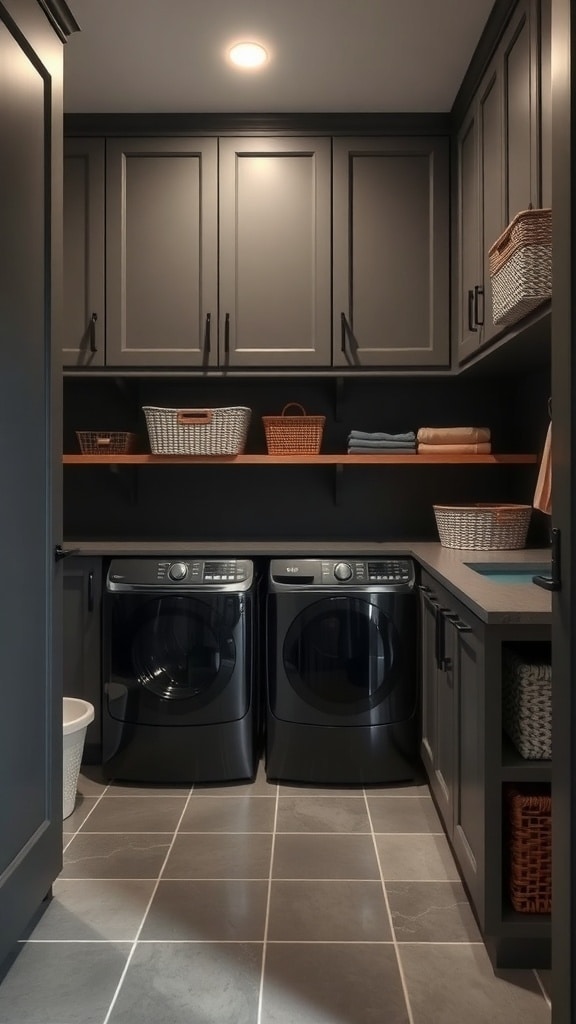 A modern charcoal gray laundry room featuring dark cabinetry, open shelves with woven baskets, and a stylish design.