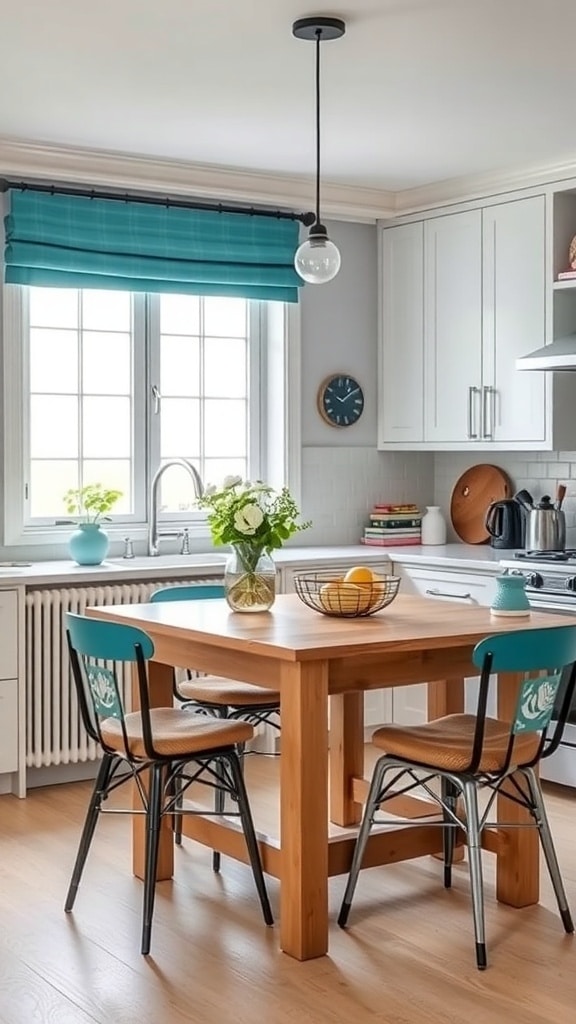 A bright kitchen featuring a wooden table and teal accents, with soft furnishings and natural light.