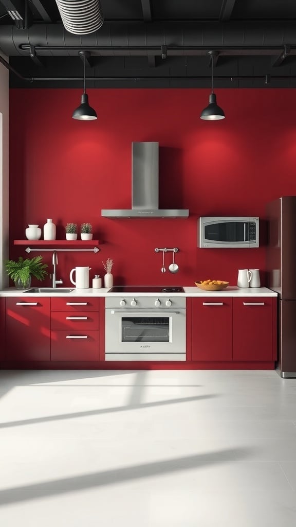 A modern kitchen featuring burgundy cabinets and white countertops, with black pendant lights and green plants.