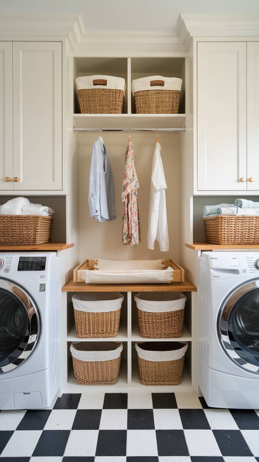 A clean and organized laundry room with a functional folding station, featuring a wooden countertop, storage baskets, and hanging space for clothes.