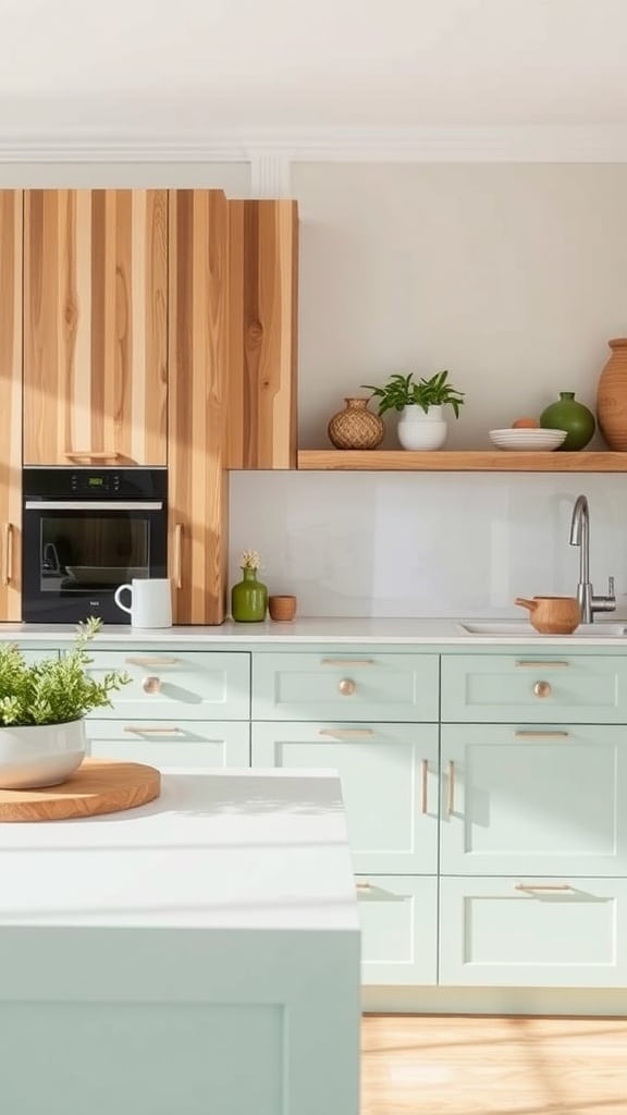 A modern kitchen featuring mint green cabinetry, wooden accents, and a bright countertop.
