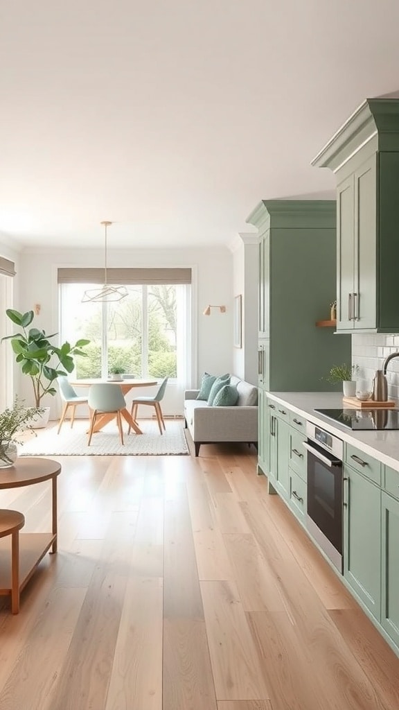 Open concept kitchen featuring sage green cabinets, light wood flooring, and a cozy dining area.