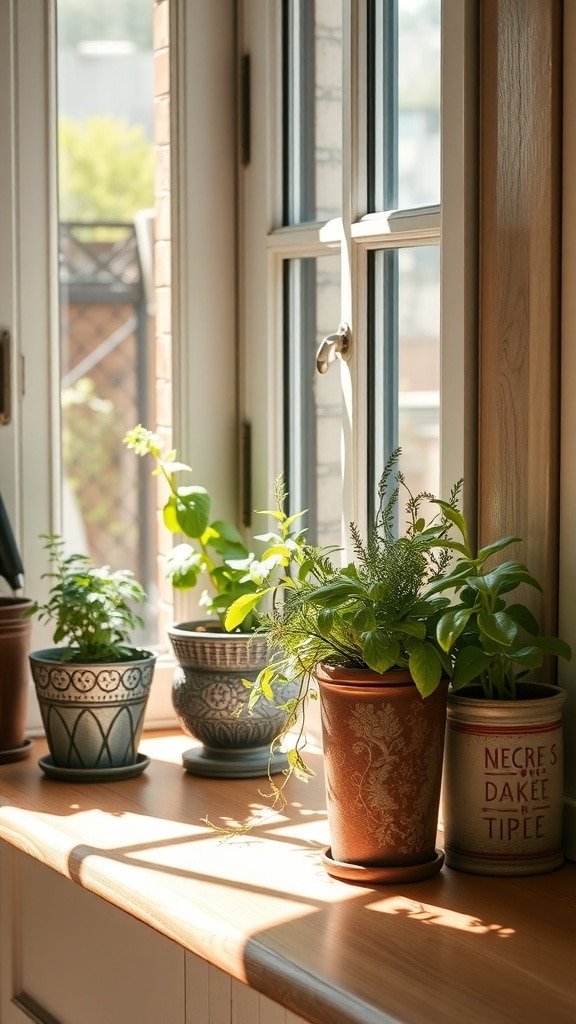 A sunny windowsill with various potted herbs, including basil and mint, in rustic brown pots.